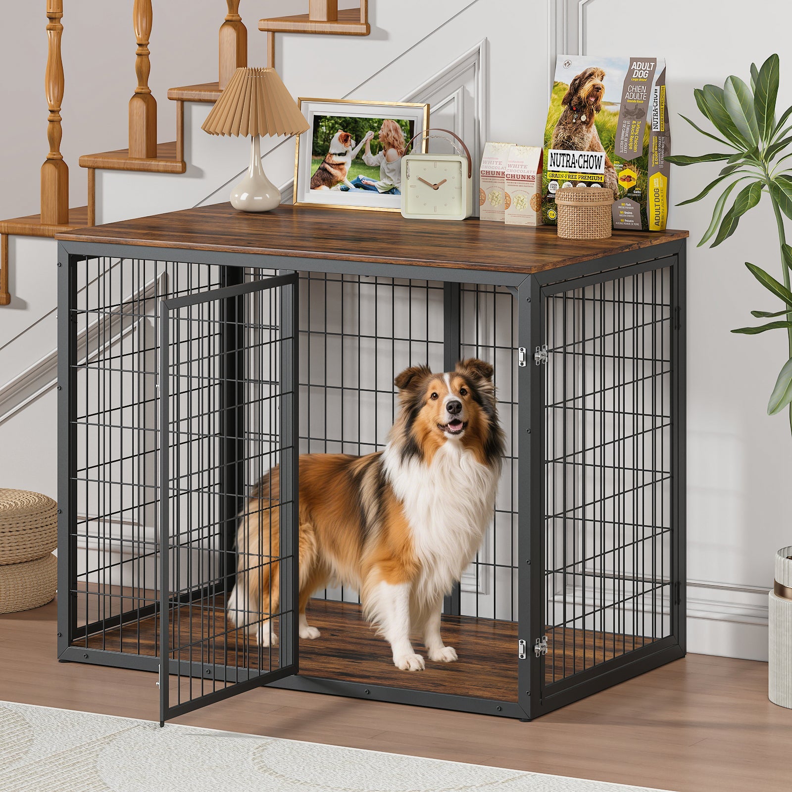 47 Inch Dog Crate Furniture with Three Doors Rustic Brown