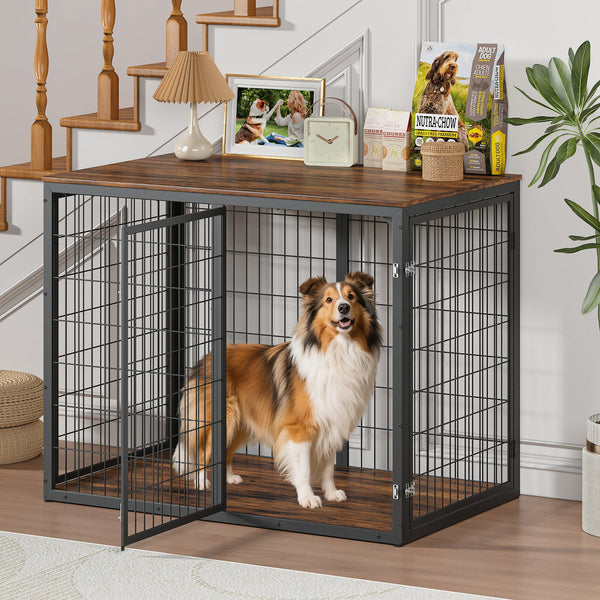 47 Inch Dog Crate Furniture with Three Doors Rustic Brown