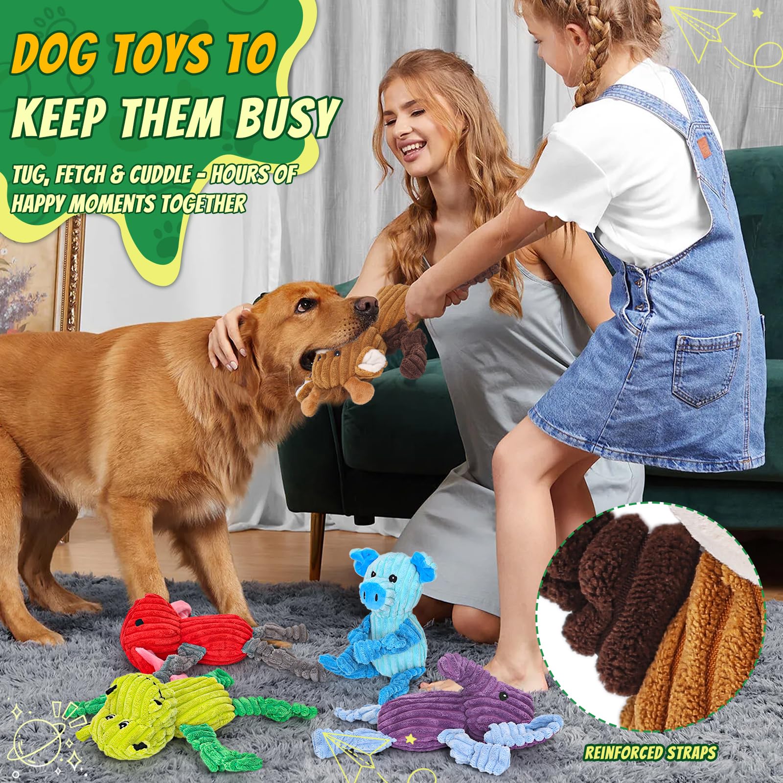 5 Pack Squeaky Plush Dog Toys Durable Animal Bundle Set
