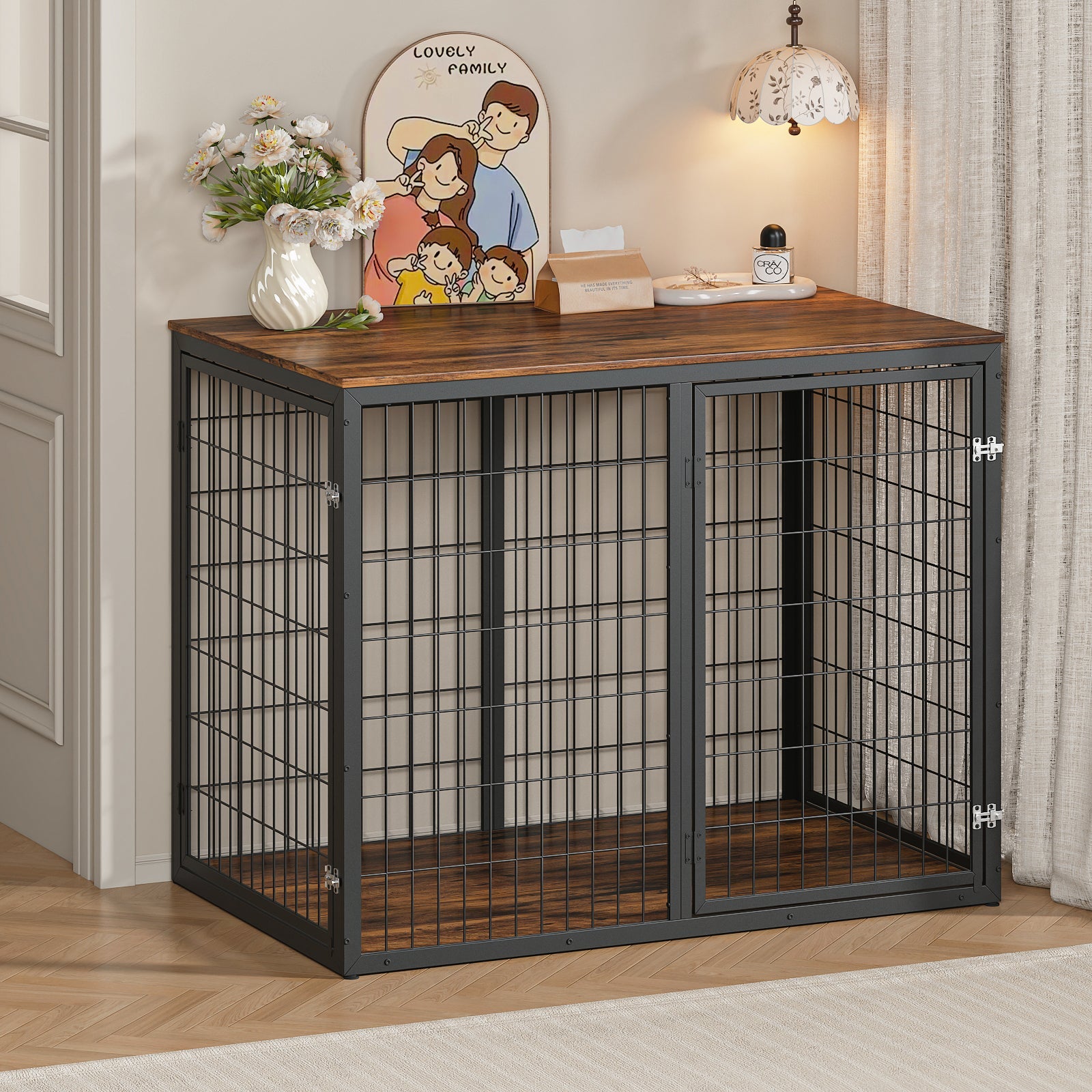 47 Inch Dog Crate Furniture with Three Doors Rustic Brown