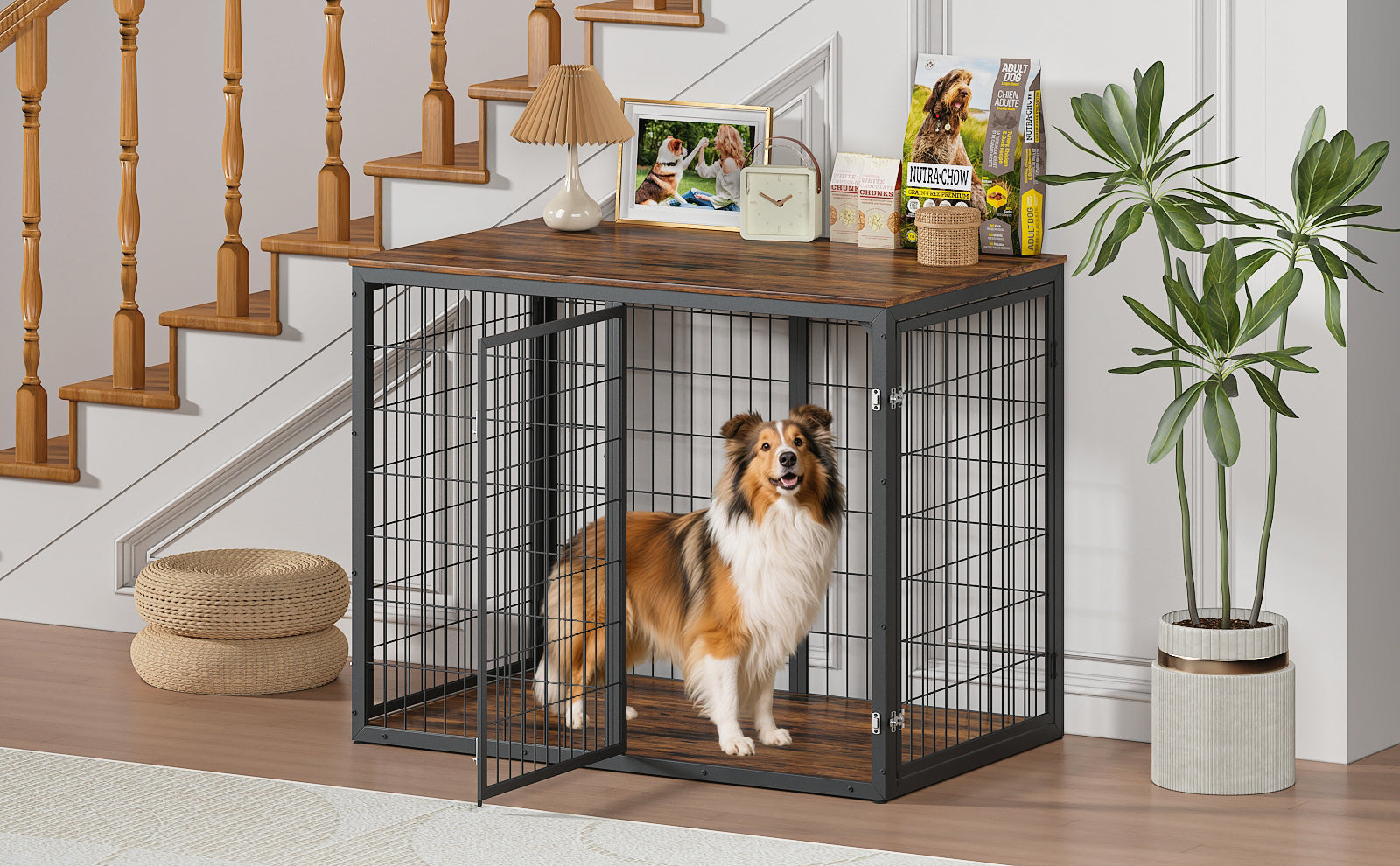 47 Inch Dog Crate Furniture with Three Doors Rustic Brown