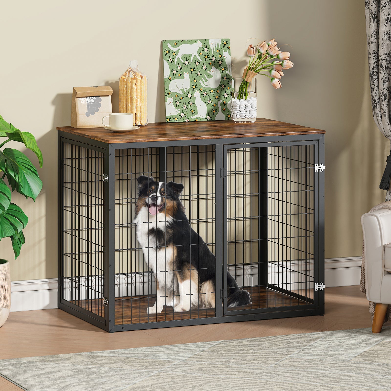 47 Inch Dog Crate Furniture with Three Doors Rustic Brown