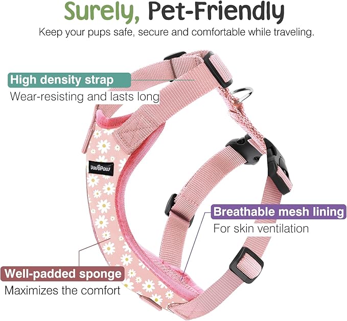 Dog Seat Belt, Safety Vest Dog Car Harness with Adjustable Buckle Dog Seat Belt for Vehicle Nylon Pet Safety Seat Belts Heavy Duty(XL, Pink Daisy)