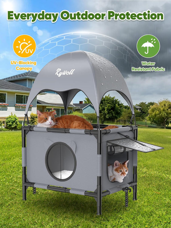 Outdoor Cat House Elevated 2 Tier Shelter with Canopy & Mesh