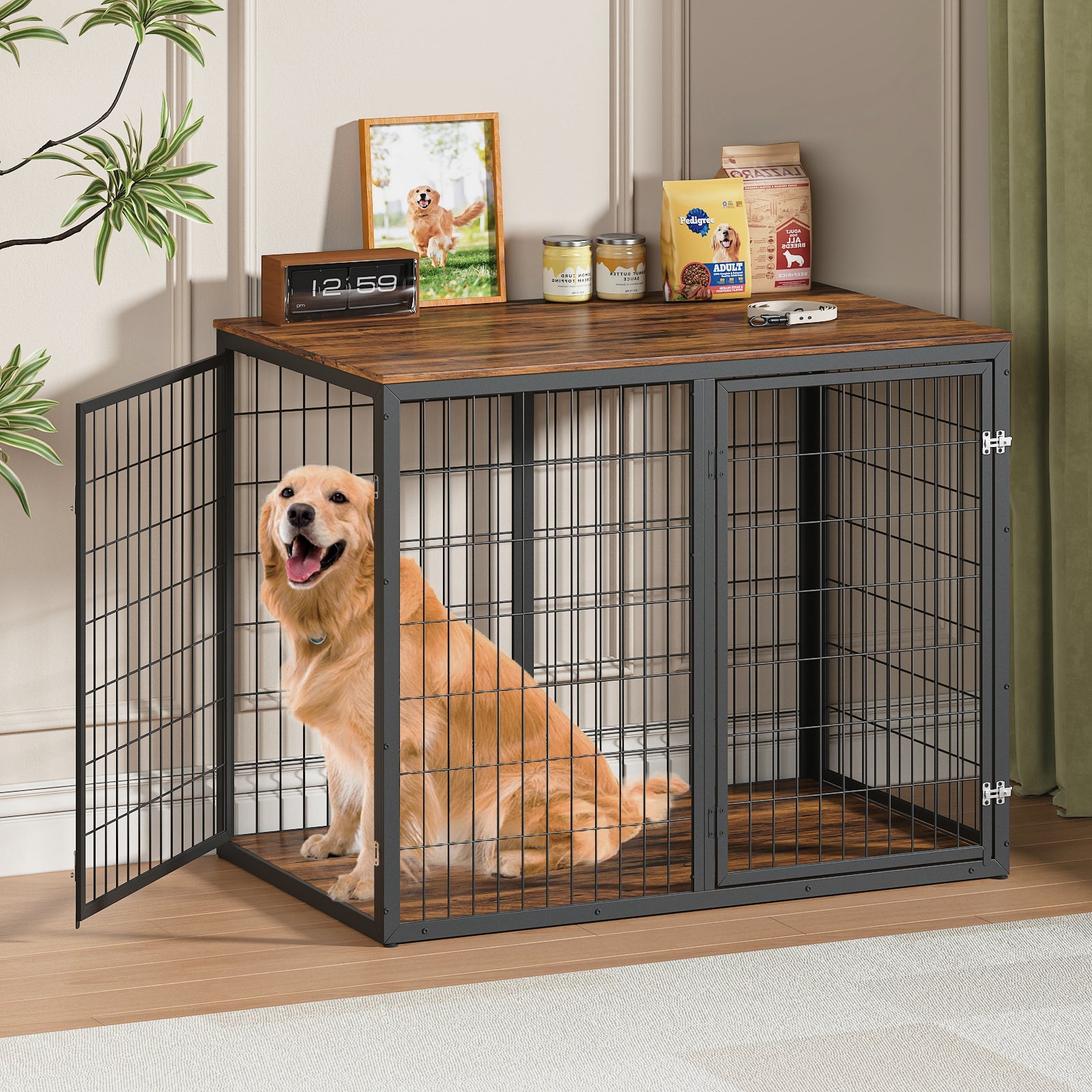 47 Inch Dog Crate Furniture with Three Doors Rustic Brown