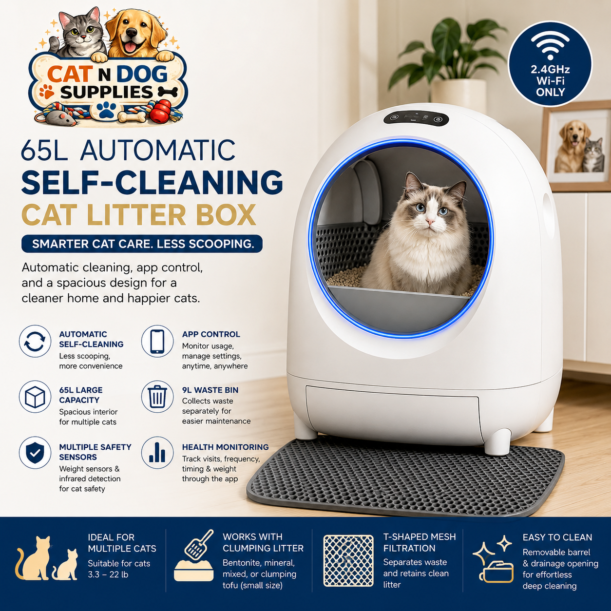 65L Automatic Self-Cleaning Cat Litter Box with App Control