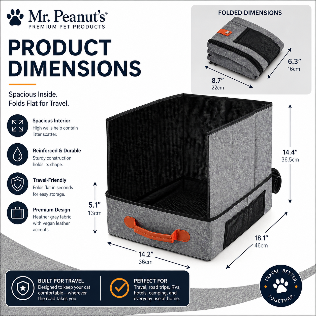 Mr. Peanut's Portable Foldable Travel Cat Litter Box – Waterproof Collapsible Litter Box with Scoop Pocket for Road Trips, Hotels, RVs & Home