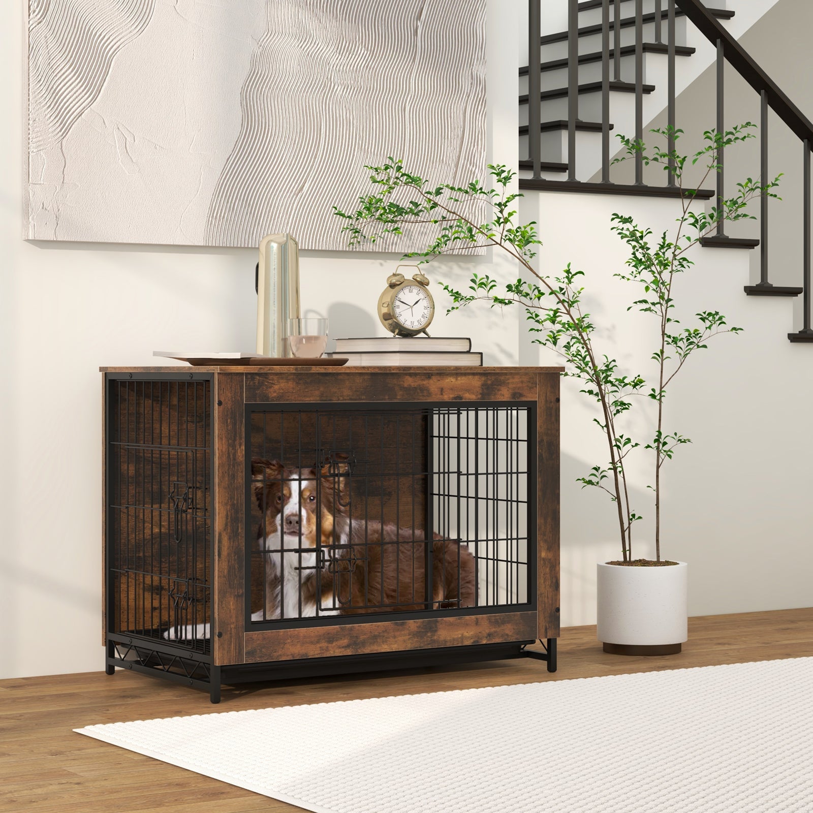 Dog Crate Furniture with Double Lockable Doors Removable Tray