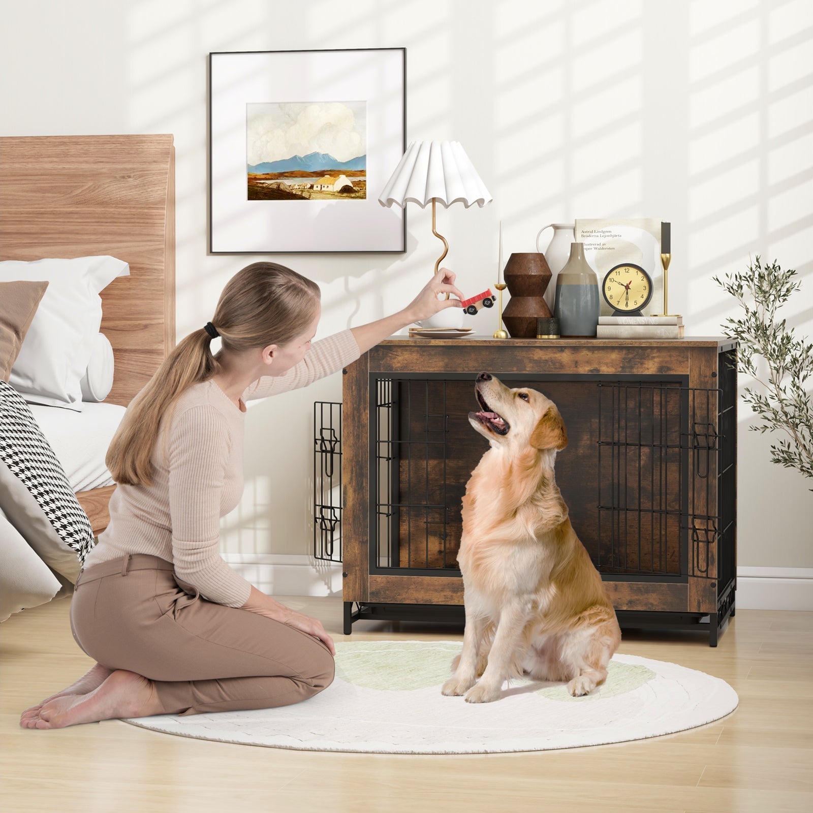 Dog Crate Furniture with Double Lockable Doors Removable Tray