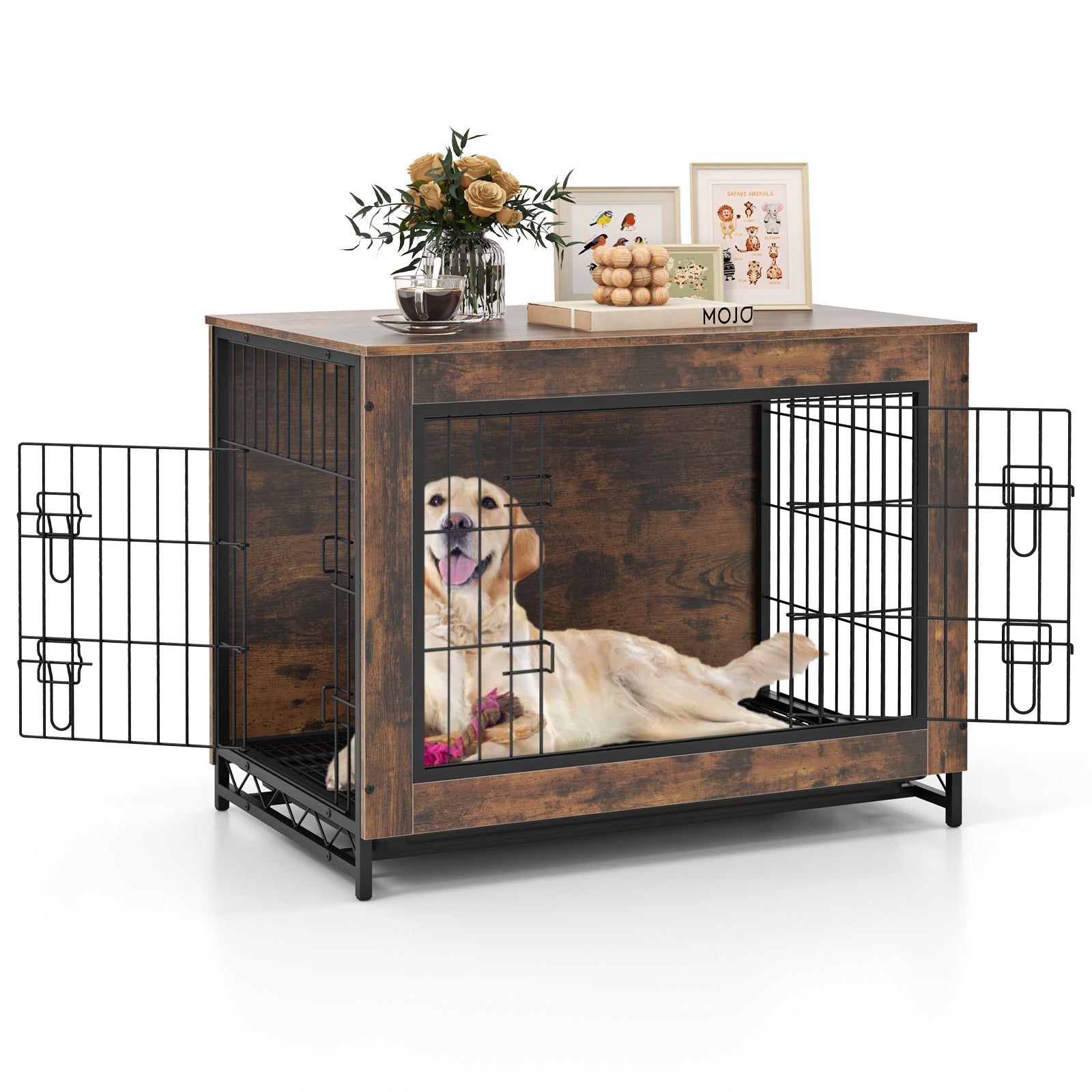 Dog Crate Furniture with Double Lockable Doors Removable Tray
