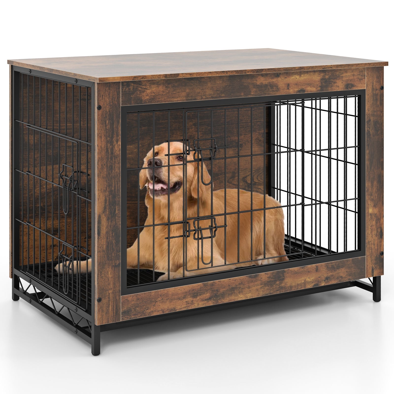 Dog Crate Furniture with Double Lockable Doors Removable Tray