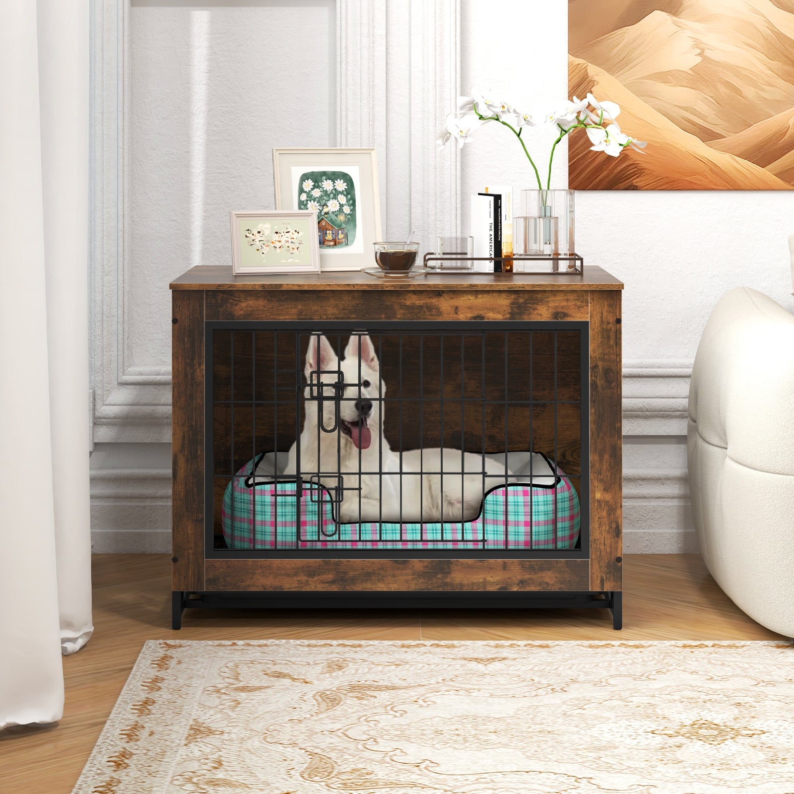 Dog Crate Furniture with Double Lockable Doors Removable Tray