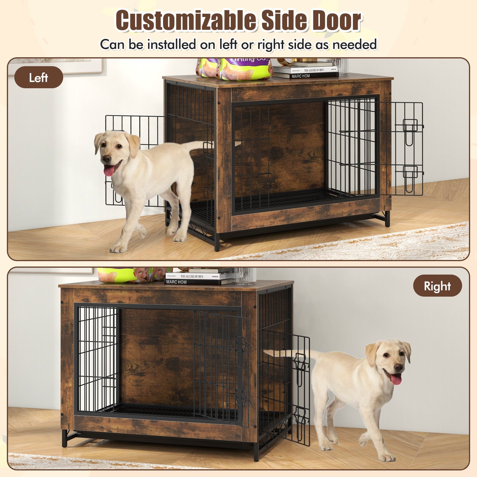 Dog Crate Furniture with Double Lockable Doors Removable Tray