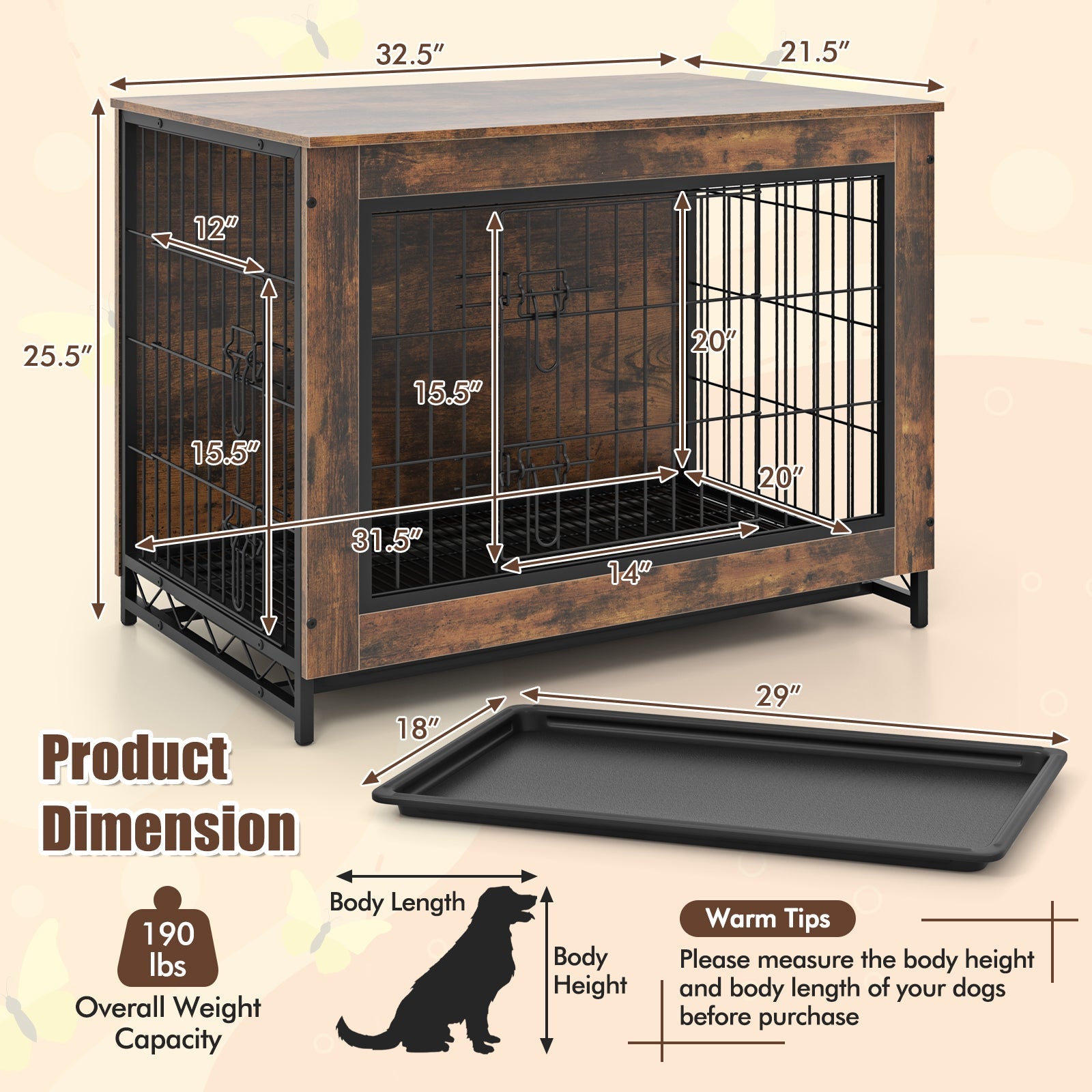 Dog Crate Furniture with Double Lockable Doors Removable Tray