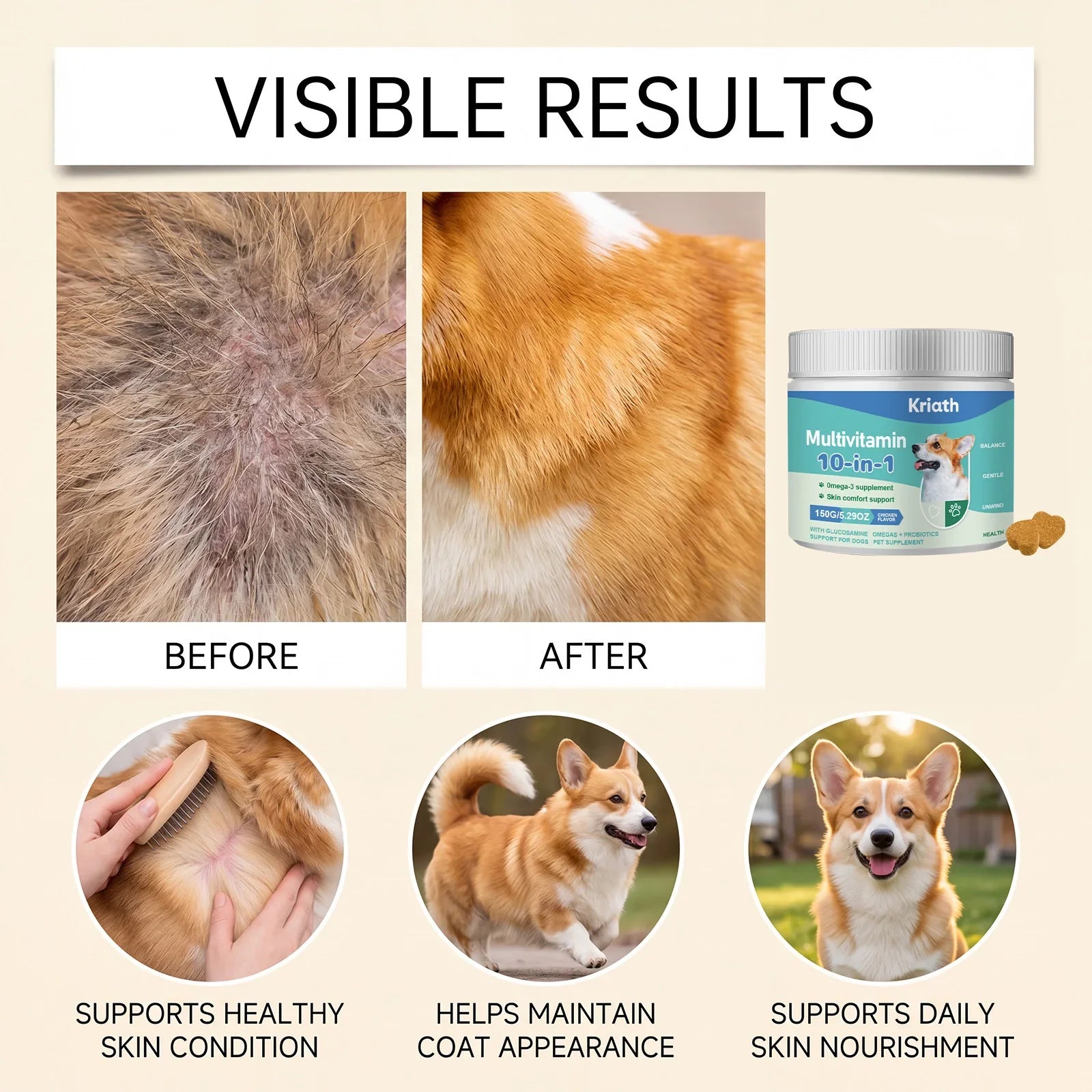 Kriath 10-in-1 Multivitamin Dog Supplement - Promotes Skin and Hair Health, Supports Gut Health, Mobility and Overall Health