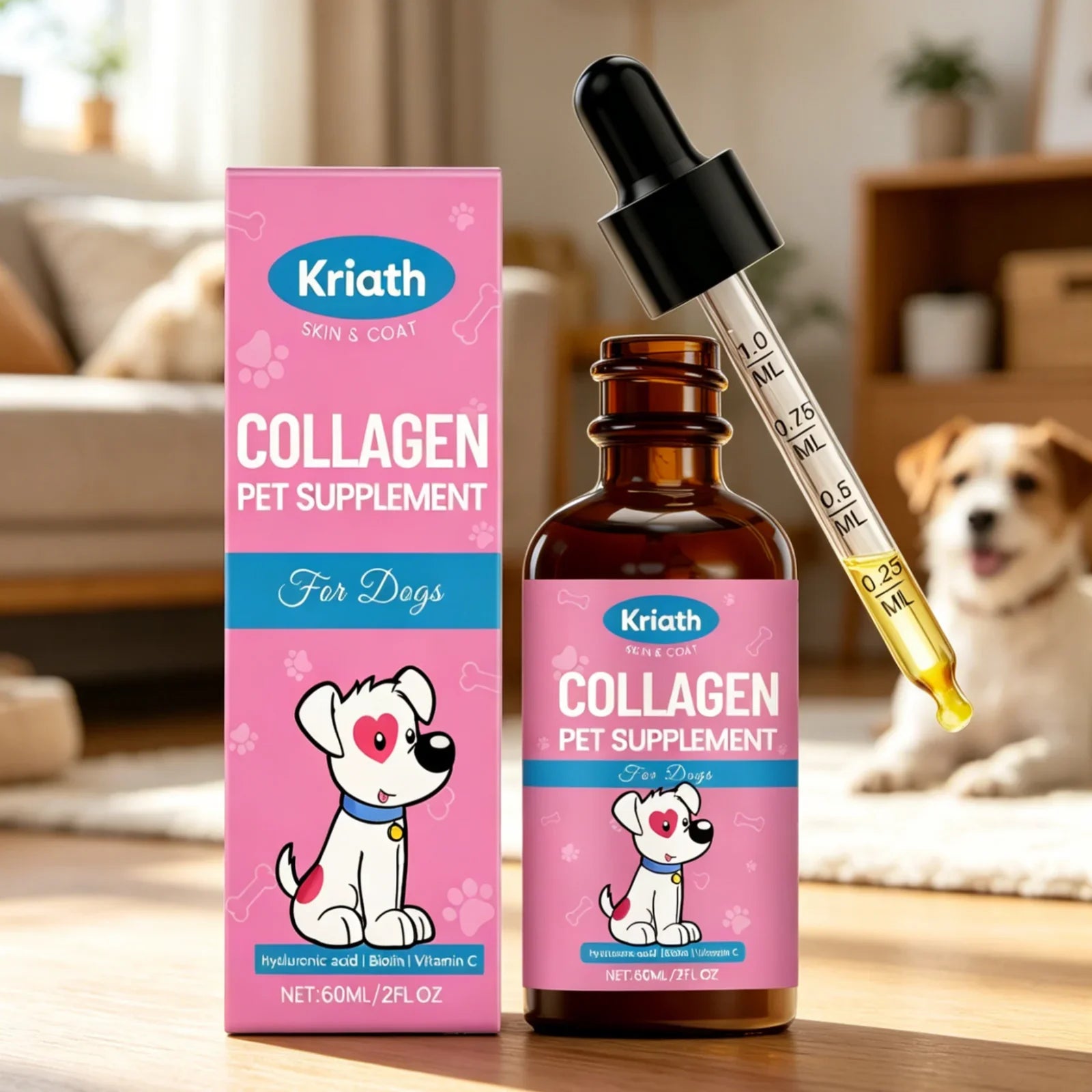 Kriath Dog Collagen Supplement Improve Dry Itchy Skin Smooth Damaged Fragile Hair Strengthen Dog Nails Canine Nutritional Drops