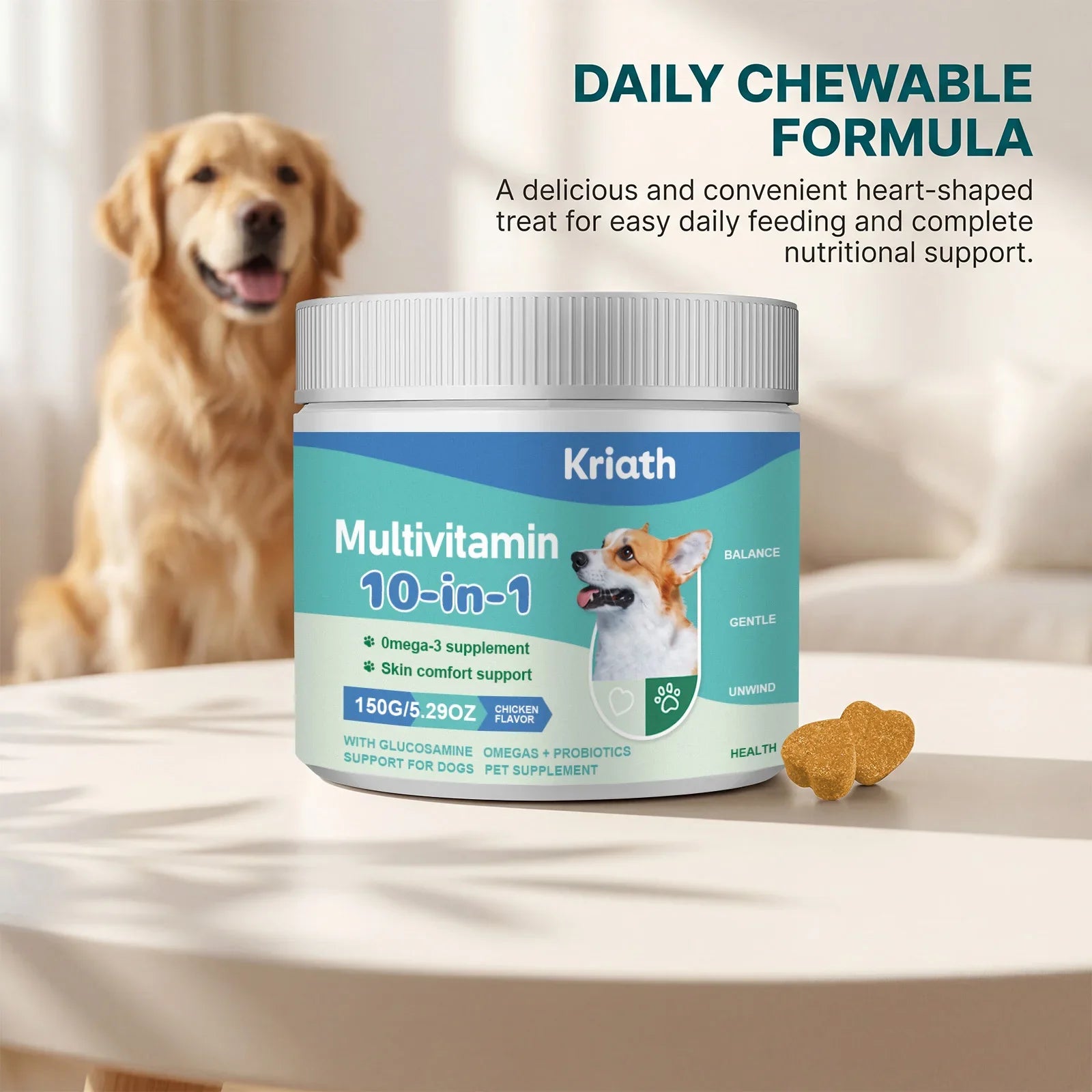 Kriath 10-in-1 Multivitamin Dog Supplement - Promotes Skin and Hair Health, Supports Gut Health, Mobility and Overall Health