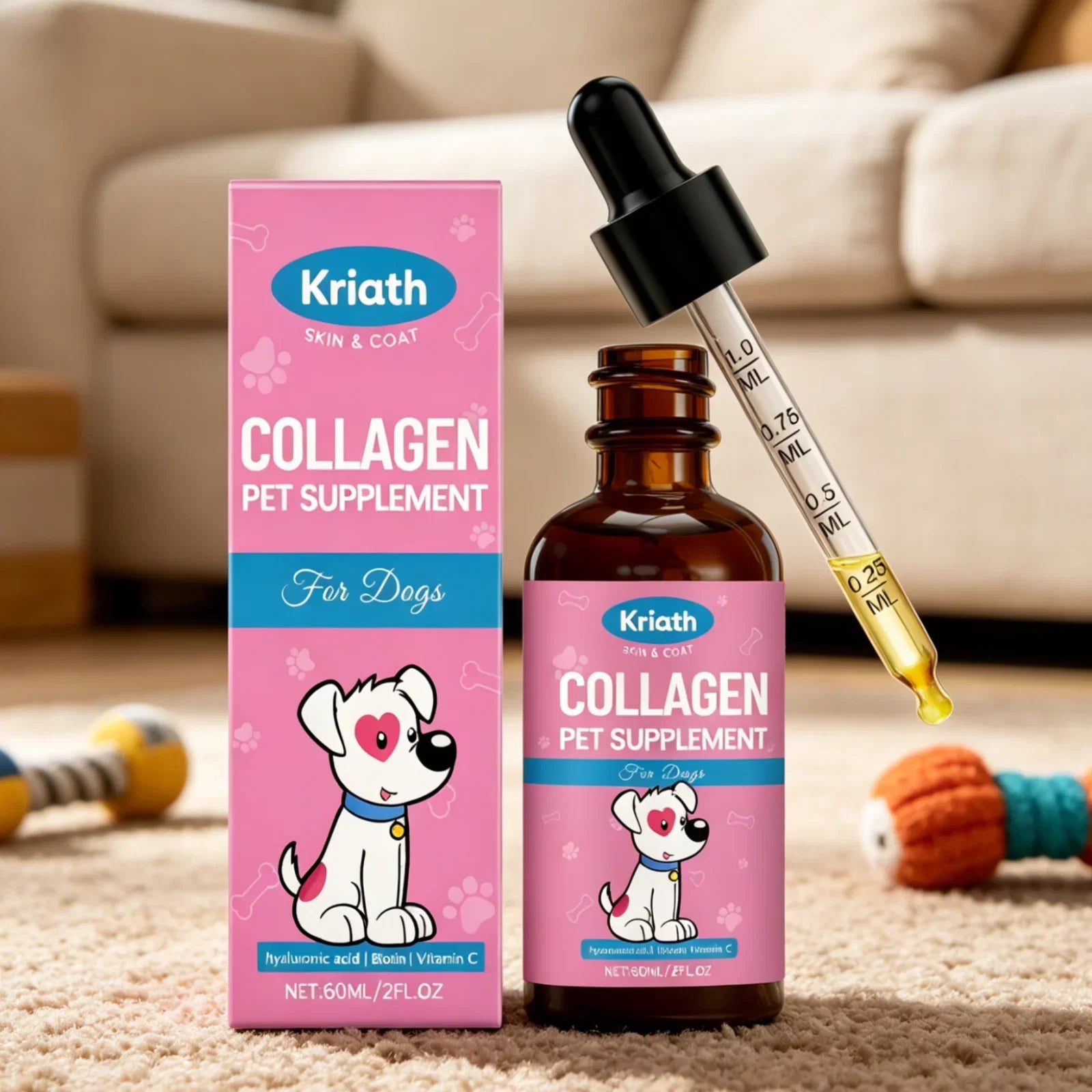 Kriath Dog Collagen Supplement Improve Dry Itchy Skin Smooth Damaged Fragile Hair Strengthen Dog Nails Canine Nutritional Drops