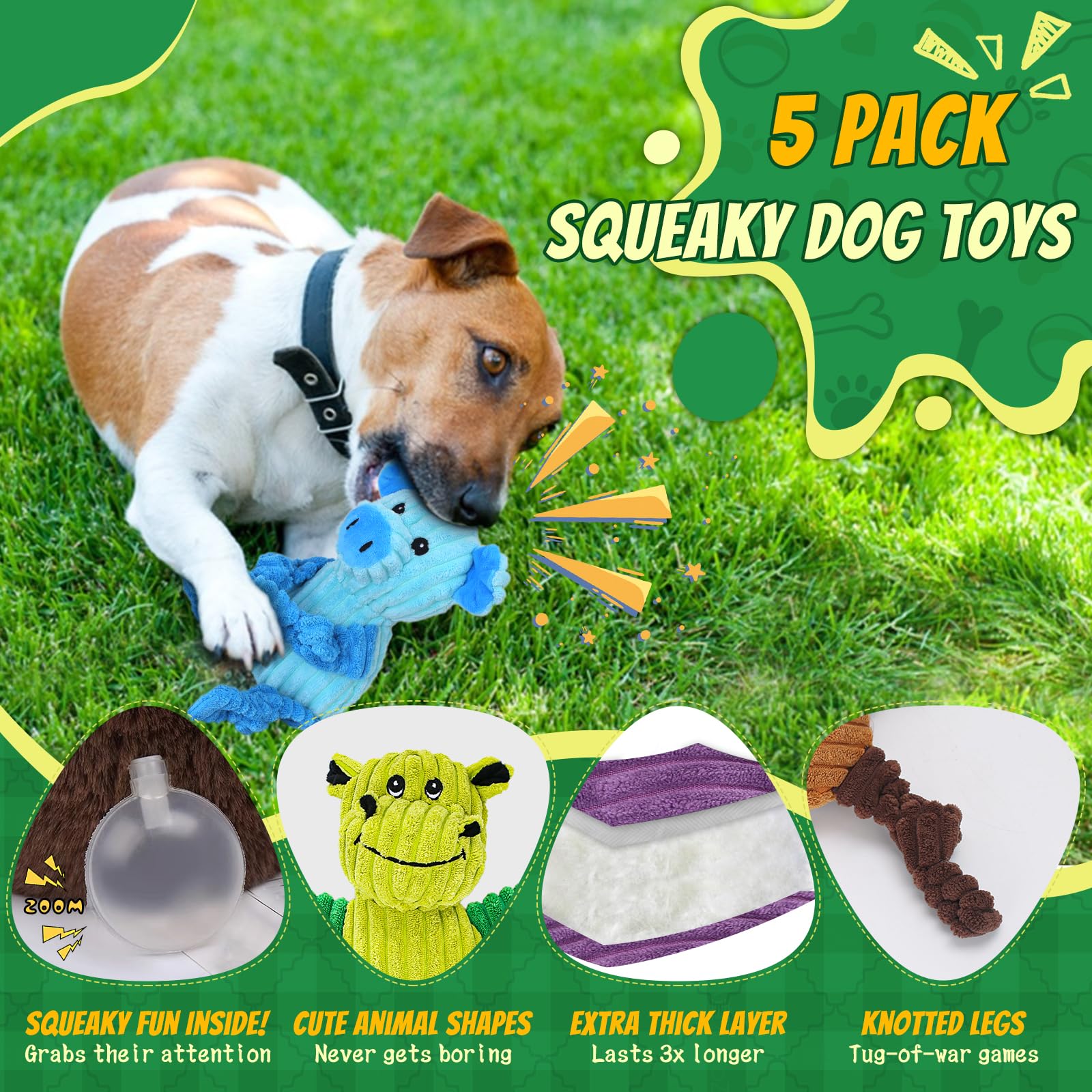 5 Pack Squeaky Plush Dog Toys Durable Animal Bundle Set