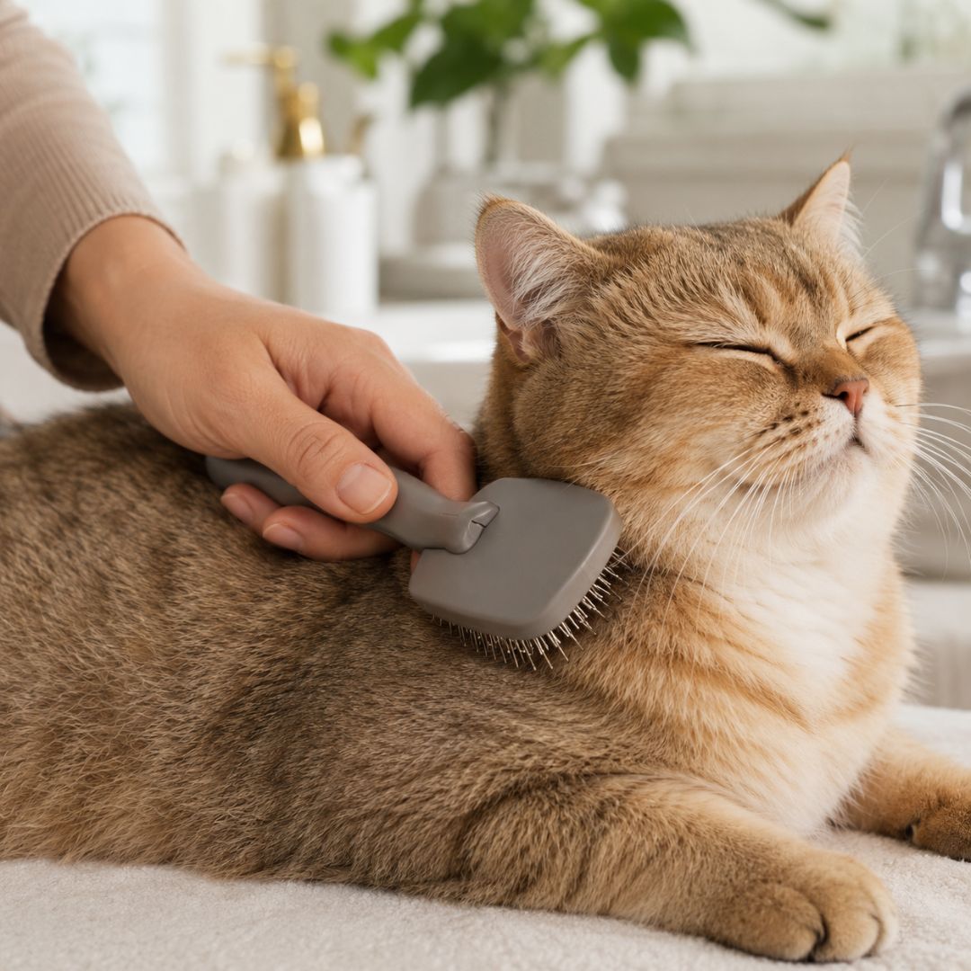 Cat being brushed by a person with a blurred indoor background