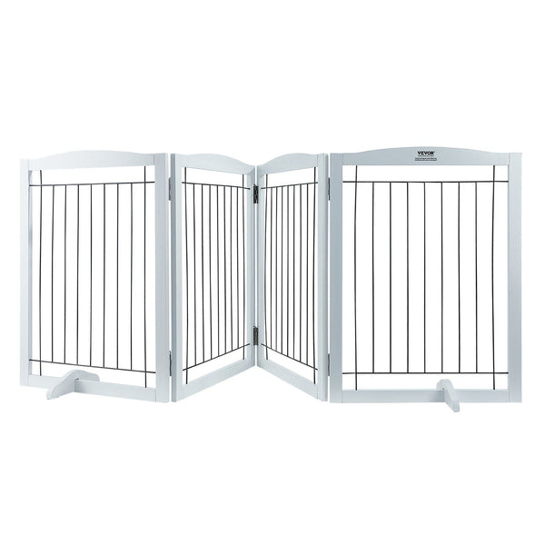 Free Standing Dog Gate, 32" H x 96.5" W Freestanding Pet Gate, 4 Panels Foldable Dog Gate for Wide and Narrow Passageways, Expandable Dog Barrier with Silent Foot Support for Indoor, White
