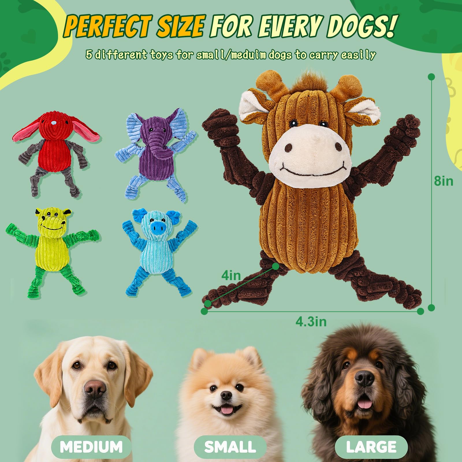 5 Pack Squeaky Plush Dog Toys Durable Animal Bundle Set