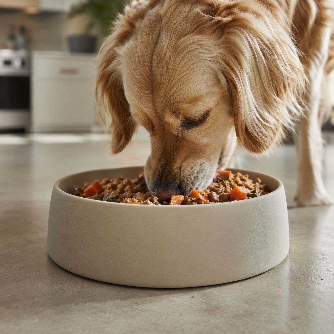 Dog eating from a bowl of food on a kitchen floor