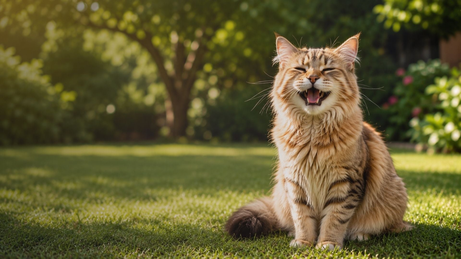Cat sitting on grass with a blurred garden background