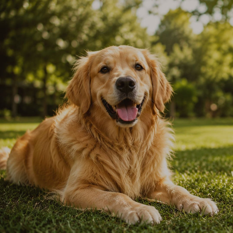 Golden retriever lying on grass with a blurred background