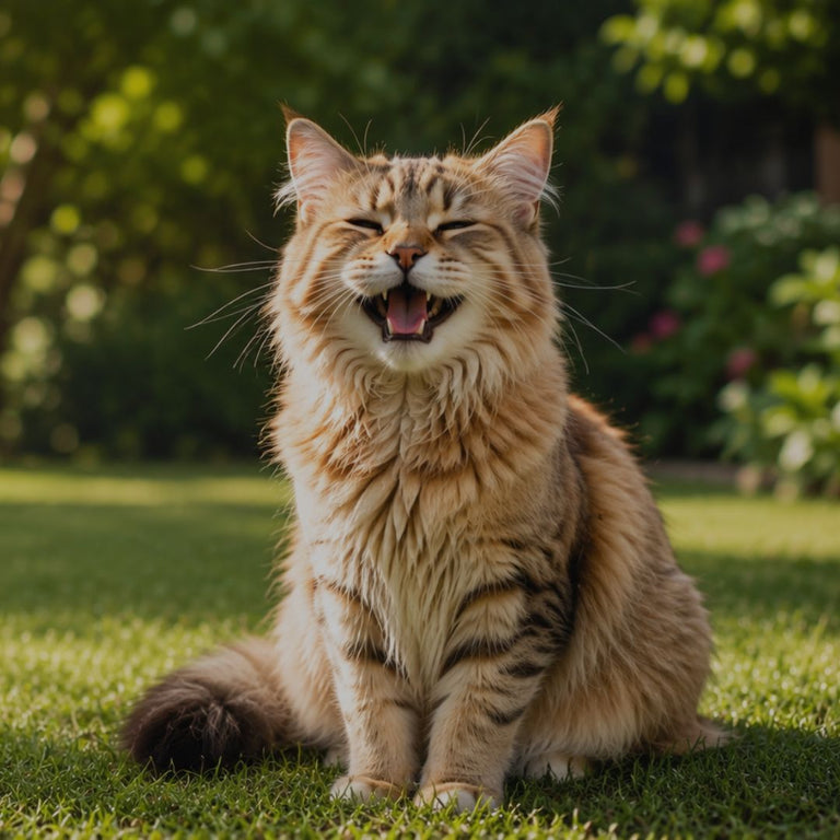Cat sitting on grass with a blurred garden background