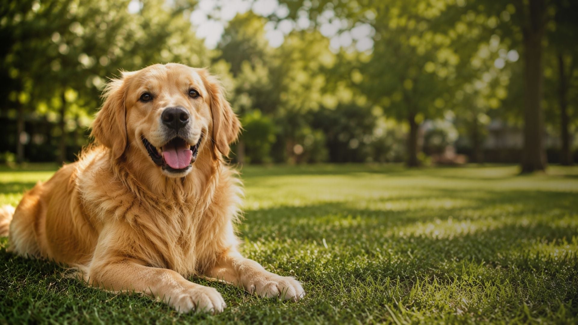 Golden retriever lying on grass with a blurred background
