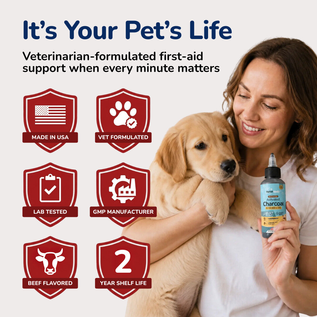 Pet Vet Activated Charcoal Gel for Dogs & Cats (60 mL) – Veterinary-Formulated, Natural Beef Flavor, Fast Toxin Adsorption for Poisoning, Stomach Upset, Diarrhea & Gas Relief – Made in USA